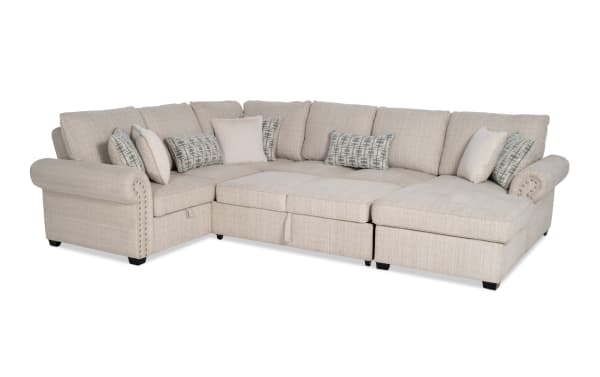 Playlist Max beige 126" 4-piece right-arm chaise sectional with traditional style, polyester fabric, pop-up sleeper, storage loveseat, accent pillows, and built-in USB/USB-C ports for device charging.