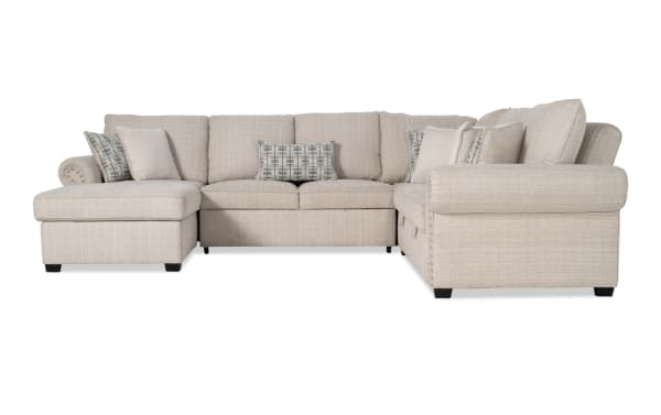 Playlist Max beige 126" 4-piece left arm facing chaise sectional with traditional style, polyester fabric upholstery, pop-up sleeper, storage loveseat, USB and USB-C ports, and accent pillows.