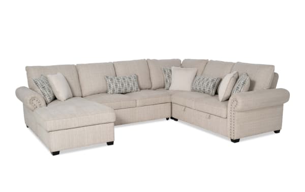 Playlist Max Beige 126'' 4-piece left arm facing chaise sectional with beige polyester fabric, traditional style, pop-up sleeper, storage loveseat, accent pillows, and built-in USB/USB-C ports for device charging.