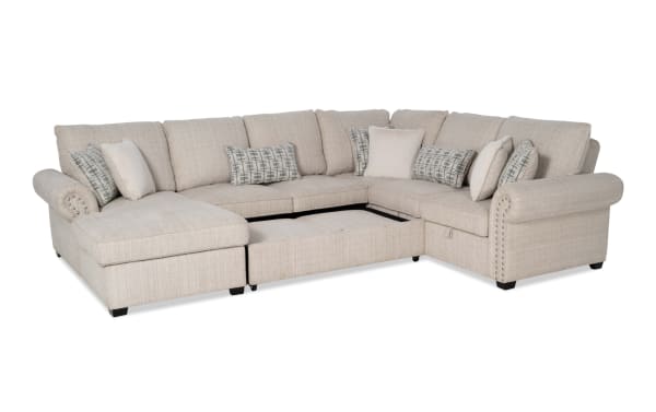 Playlist Max beige 126" 4-piece left arm facing chaise sectional with traditional style, polyester fabric upholstery, pop-up sleeper, storage loveseat, accent pillows, and built-in USB/USB-C ports for device charging.