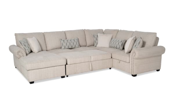 Playlist Max beige 126" 4-piece left arm facing chaise sectional with traditional style, polyester fabric, pop-up sleeper, storage loveseat, accent pillows, and built-in USB/USB-C ports.
