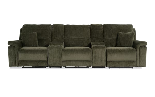 Renegade Green 130'' Power Reclining Sofa in green polyester fabric, transitional style with plush pillows, padded arms, USB ports, cupholders, and storage.