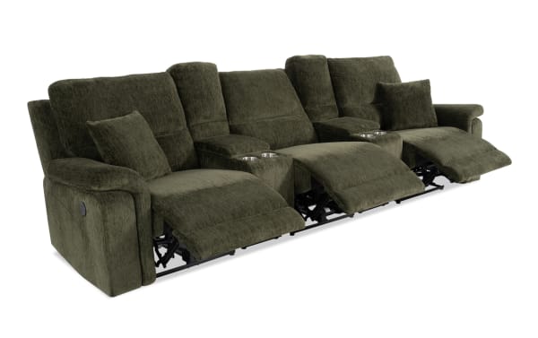 Renegade Green 130'' power reclining sofa in green polyester fabric with plush pillows, padded arms, USB ports, cupholders, and hidden storage.