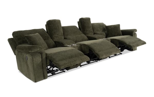 Renegade Green 130'' power reclining sofa in green polyester fabric with plush pillows, padded arms, USB ports, cupholders, and hidden storage.
