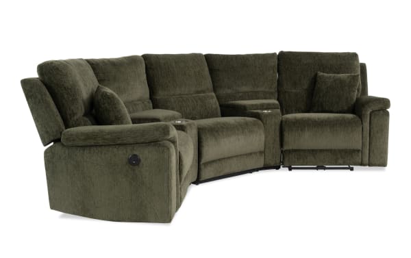 Renegade Green 99'' power reclining 5-piece sectional in green polyester fabric with padded pillow-top arms, plush pillows, USB ports, cupholders, and hidden storage.