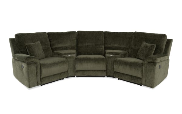 Renegade Green 99'' Power Reclining 5 Piece Sectional in green polyester fabric with plush pillows, padded arms, USB ports, cupholders, and hidden storage.