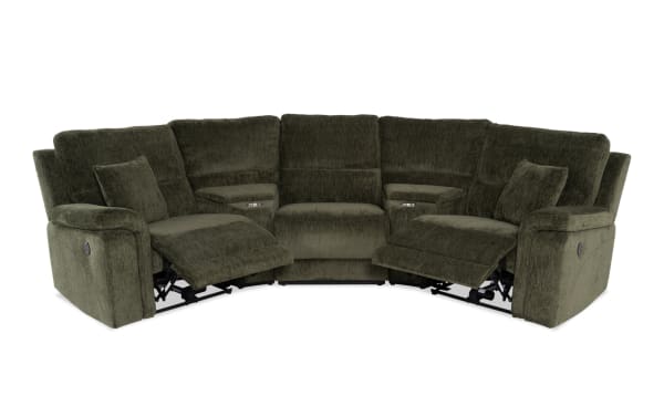 Renegade Green 99'' power reclining 5-piece sectional in green polyester fabric with plush pillows, padded arms, USB ports, cupholders, and hidden storage.