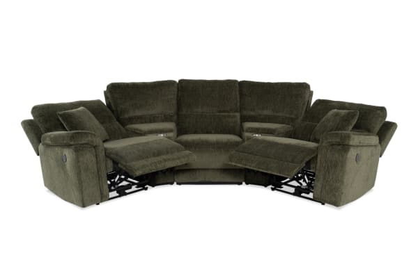 Renegade Green 99'' power reclining 5-piece sectional in green polyester fabric with plush pillows, padded arms, USB ports, cupholders, and hidden storage.