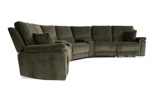 Renegade Green 127'' power reclining 7-piece sectional in green polyester fabric with plush pillows, padded arms, USB ports, cupholders, and storage.