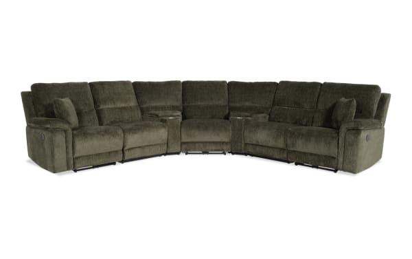 Renegade Green 127'' power reclining 7-piece sectional in green polyester fabric with plush pillows, padded arms, USB ports, cupholders, and hidden storage.