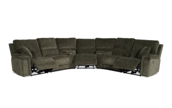 Renegade Green 127'' power reclining 7-piece sectional in green polyester fabric with plush pillows, padded arms, USB ports, cupholders, and hidden storage.