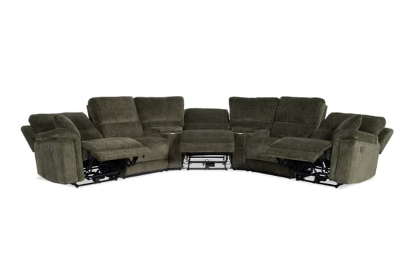 Renegade Green 127'' Power Reclining 7 Piece Sectional in green polyester fabric with plush pillows, padded arms, USB ports, cupholders, and hidden storage.