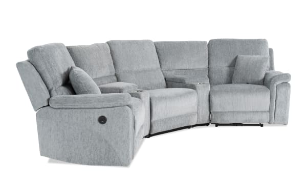 Renegade Gray 99'' power reclining 5-piece sectional in gray polyester fabric with plush pillows, padded arms, USB ports, cupholders, and storage.