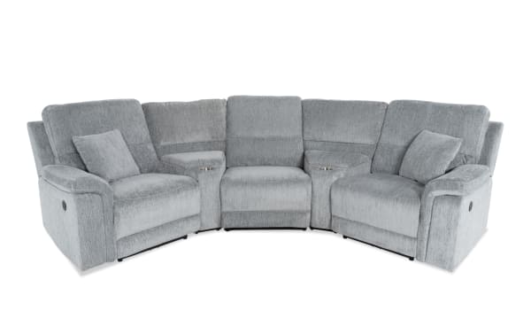 Renegade Gray 99'' power reclining 5-piece sectional in gray polyester fabric with plush pillows, padded arms, USB ports, cupholders, and hidden storage.