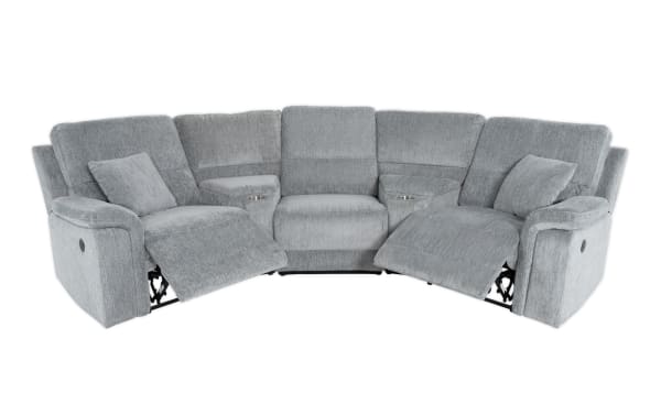 Renegade Gray 99'' power reclining 5-piece sectional in gray polyester fabric, transitional style with plush pillows, padded arms, USB ports, cupholders, and hidden storage.