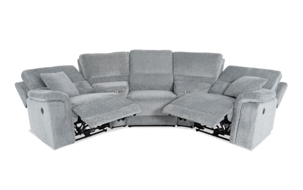 Renegade Gray 99'' power reclining 5-piece sectional in gray polyester fabric, transitional style with plush pillows, padded arms, USB ports, cupholders, and hidden storage.