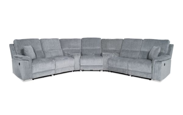 Renegade Gray 127'' power reclining 7-piece sectional in gray polyester fabric with plush pillows, padded arms, USB ports, cupholders, and hidden storage.