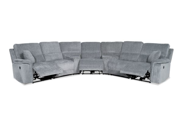 Renegade Gray 127'' Power Reclining 7 Piece Sectional in gray polyester fabric with plush pillows, padded arms, USB ports, cupholders, and hidden storage.