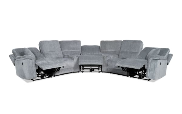 Renegade Gray 127'' power reclining 7-piece sectional in gray polyester fabric, featuring plush pillows, padded arms, USB ports, cupholders, and storage.