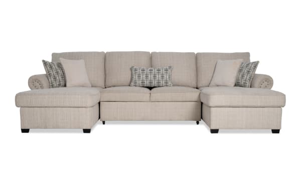 Playlist Max Beige 125'' 3-piece traditional fabric sectional sofa with dual chaise, pop-up sleeper, memory foam cushions, and built-in USB/USB-C ports.