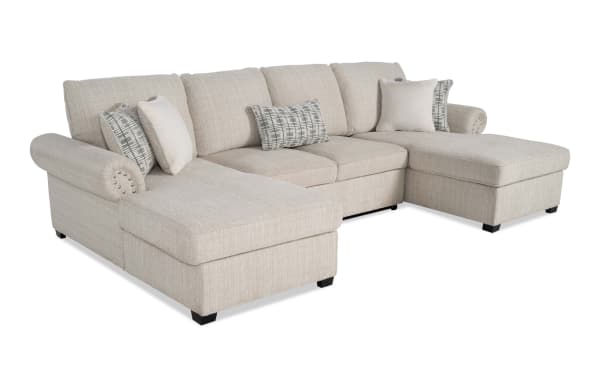 Playlist Max Beige 125'' 3-piece traditional fabric polyester sectional with dual chaise, pop-up sleeper, accent pillows, and built-in USB/USB-C ports.