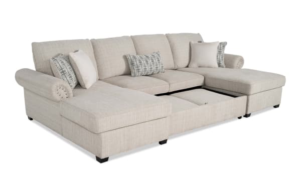Playlist Max Beige 125'' 3-piece traditional fabric polyester sectional with dual chaise, pop-up sleeper, memory foam, and built-in USB/USB-C ports.