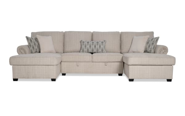 Playlist Max Beige 125'' 3-piece traditional dual chaise sectional sofa in beige polyester fabric with accent pillows and built-in USB/USB-C ports.