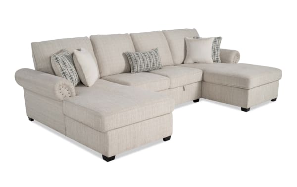 Playlist Max Beige 125'' 3-piece traditional dual chaise sectional sofa in beige polyester fabric with accent pillows and built-in USB/USB-C ports for device charging.