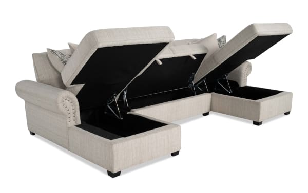 Playlist Max beige 125" 3-piece dual chaise sectional sofa with traditional style, polyester fabric upholstery, memory foam cushions, and built-in USB/USB-C charging ports.