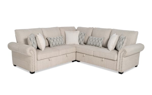 Playlist Max Beige 96'' 3 Piece Sectional sofa in traditional style with beige polyester fabric, accent pillows, memory foam cushions, and built-in USB/USB-C ports.
