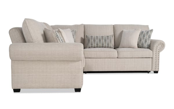 Playlist Max Beige 96'' 3-piece traditional sectional sofa with right arm facing pop-up sleeper, beige polyester fabric, accent pillows, and built-in USB/USB-C ports.