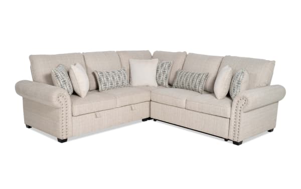 Playlist Max Beige 96'' 3-piece sectional sofa in traditional style, beige polyester fabric with rolled arms, accent pillows, pop-up sleeper, and USB/USB-C ports.