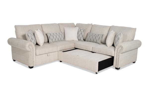 Playlist Max beige 96" 3-piece traditional sectional sofa with polyester fabric, right arm pop-up sleeper, accent pillows, and built-in USB/USB-C ports.
