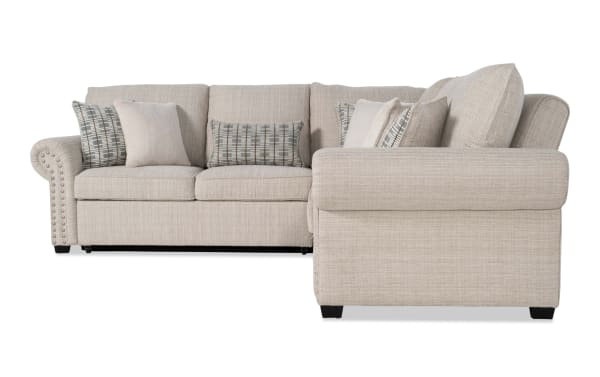 Beige Playlist Max 96" traditional 3-piece left arm facing pop-up sleeper sectional with polyester fabric, accent pillows, memory foam, and USB/USB-C ports.