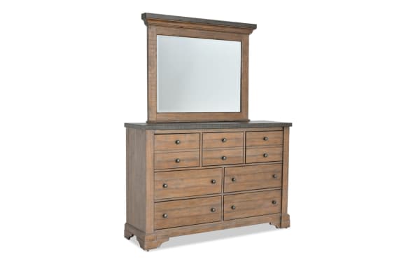 Beaumont Brown & Gray 7 Drawer Dresser & Mirror in traditional style with pine solids, veneer, MDF, featuring ball bearing drawers and large framed mirror.