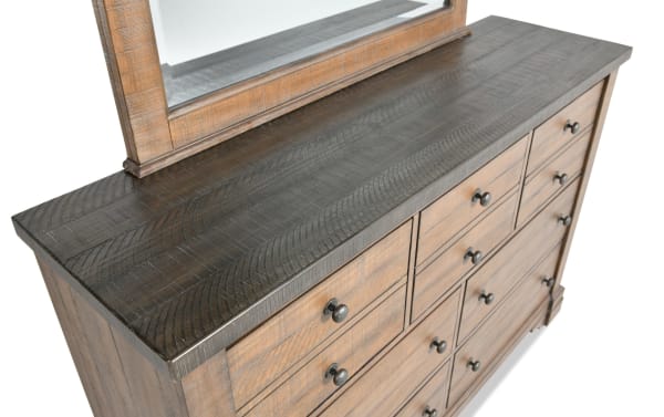 Beaumont Brown & Gray 7 Drawer Dresser & Mirror in traditional style, pine solids and veneer, with ball bearing guides and dovetail fronts.