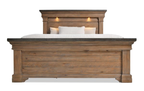 Beaumont Queen Brown & Gray Platform Storage Bed in traditional style, made of pine solids, veneer, and MDF with built-in LED headboard lights and storage drawers.
