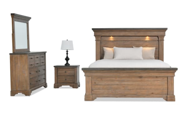 Beaumont 4 Piece Queen Brown & Gray Platform Storage Bedroom Set with pine solids, traditional style, LED headboard lights, storage drawers, USB ports.