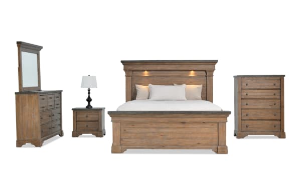 Beaumont 5 Piece Queen Bedroom Set in brown and gray pine solids and veneer, traditional style with platform storage bed, dresser, nightstand, chest.