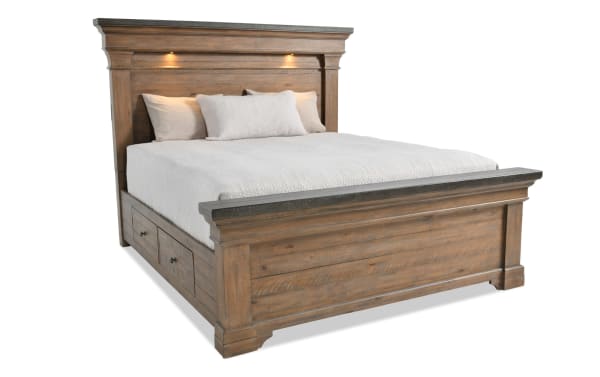 Beaumont 5 Piece Queen Brown & Gray Platform Storage Bed in traditional style with pine solids, pine veneer, MDF, built-in LED headboard lights, and under-bed storage drawers.