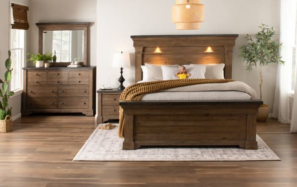 Traditional Beaumont 5 Piece King Brown & Gray Platform Storage Bedroom Set with pine solids, built-in LED headboard lights, and storage drawers.
