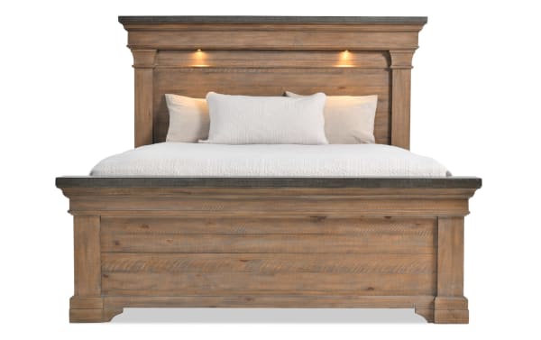 Traditional Beaumont 5 Piece King Brown & Gray Platform Storage Bedroom Set with pine solids, built-in LED headboard lights, and wooden frame.