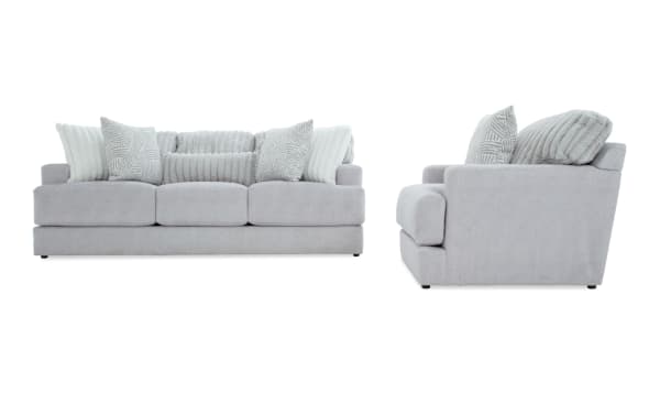Contemporary Sofia Gray 93'' Sofa & Chair set in gray polyester fabric with channel tufted seat back cushions and plush accent pillows for luxury and comfort.