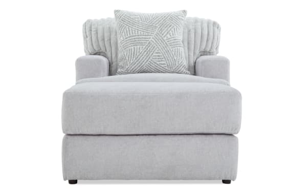 Contemporary Sofia Gray Chair & Ottoman in gray polyester fabric with channel tufted back cushions and plush Bob-O-Pedic memory foam for living room comfort.