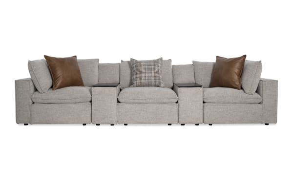 Infinity Gray 150'' 5 Piece Modular Sofa in transitional style with gray polyester fabric, featuring 2 corners, 2 media consoles, and 1 armless chair.