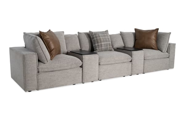 Infinity Gray 150'' 5 Piece Modular Sofa in gray polyester fabric, transitional style with 2 corners, 2 media consoles, and armless chair.