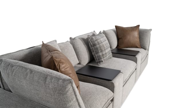 Infinity Gray 150'' 5 Piece Modular Sofa in transitional style with gray polyester fabric, featuring 2 corners, 2 media consoles, and feather-blend pillows.