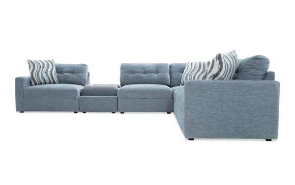 Light blue Modular Bob® 6-piece contemporary fabric sectional with pet bed console, storage seats, USB charging, and memory foam cushions.