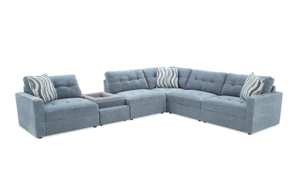Modular Bob® Spa Blue 117'' 6-piece contemporary sectional in light blue polyester fabric with pet bed console, storage chairs, corner seat, and USB charging ports.