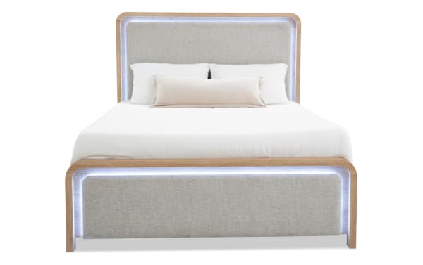 Cascade Twin Brown & Beige Upholstered Panel Bed with plush polyester fabric, engineered wood grain frame, and touch-activated LED lighting, transitional style.
